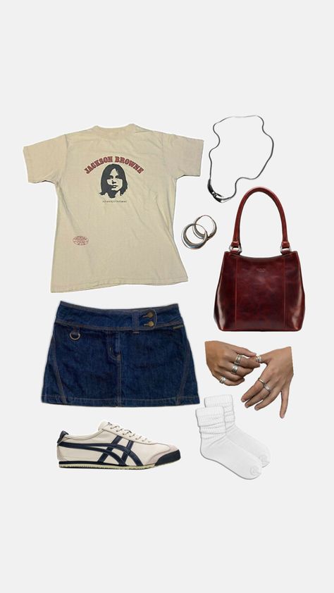 denim mini skirt, navy onitsuka tiger sneakers, cream vintage t shirt, red leather bag, silver jewlery Onitsuka Tiger Outfit, Tiger Sneakers, Silver Jewlery, Red Leather Bag, Feminine Romantic, Outfit Inspo Casual, Cute Lazy Day Outfits, Bag Silver, Lazy Day Outfits