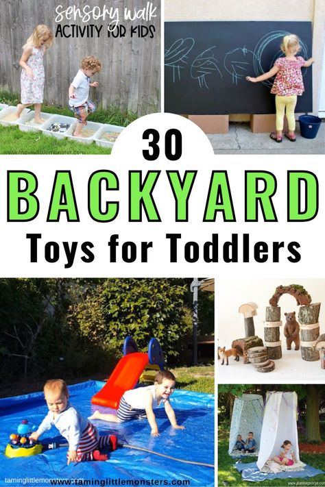 30 of the Best Backyard Toys for Toddlers and Preschoolers. The best toys to make or buy to play with this summer. Sensory Play Area Outside, Small Outdoor Play Area For Toddlers, Backyard Toddler Activities, Backyard Toys For Toddlers, Outdoor Toys For Preschoolers, Diy Outdoor Toys For Toddlers, Diy Toddler Playground, Outdoor Play Areas For Toddlers, Backyard For Toddlers