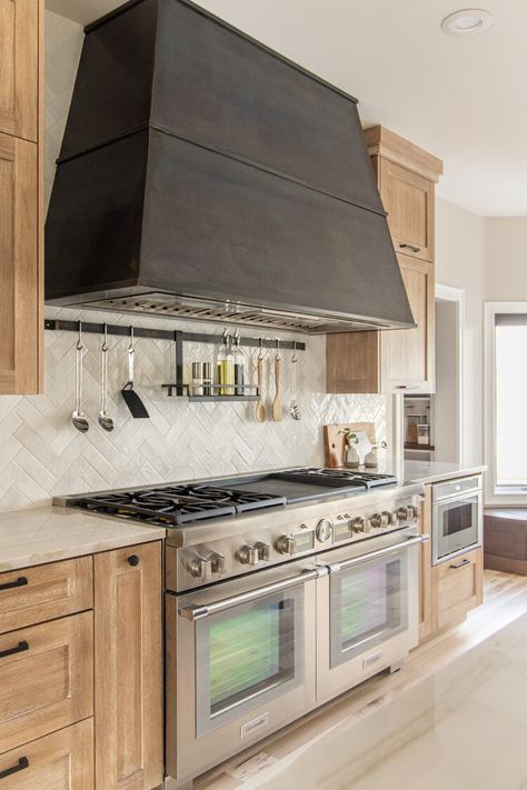 Modern Lodge Kitchen, Kitchen Shelf Inspiration, Wood Range Hood Cover, Walnut Island, Kitchen Hood Design, Kitchen Vent Hood, Modern Lodge, Steel Hood, Kitchen Vent