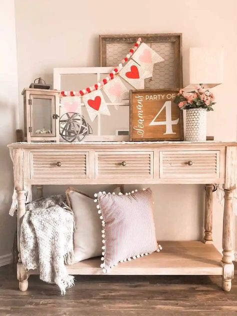 Home Tour: Valentine's Day Home Decor - Her Happy Home % Valentines Day Entryway Table, Valentines Day Vignettes, Modern Farmhouse Valentines Decor, Vintage Valentine Decor Ideas, Valentines Entryway Decor, Valentines Day Living Room Decor, Valentines House Decor, Classy Valentines Decor, Neutral Valentines Day Decor