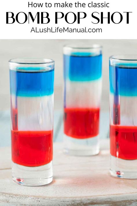 Independence Day is a popular time to shoot these red, white, and blue wonders, but these Bomb Pop Shots are super fun to make any time! Blue Curacao Shots, Bomb Pop Shot, Superman Shot, Best Florida Vacations, Red White And Blue Jello, Layered Shots, Bomb Shots, Shots Alcohol Recipes, Blue Jello Shots