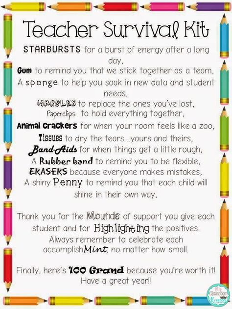 Back to School Freebie: Teacher Survival Kit ideas and letter. Great for grade level teams or beginning teacher gifts. Teacher Survival Kit, Teacher Morale, School Survival Kits, Survival Kit Gifts, Survival Kit For Teachers, Teacher Survival, Student Teacher Gifts, Staff Gifts, School Survival