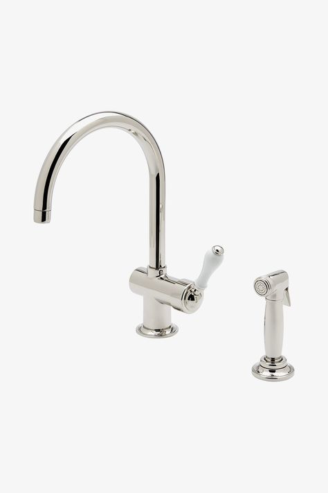 Discover Orleans One Hole Gooseneck Kitchen Faucet, White Porcelain Lever Handle and Metal Spray Online | Waterworks Transitional Modern Kitchen, Unique Bathroom Faucets, Kitchen Faucet Design, Waterworks Bathroom, Best Kitchen Faucets, Modern Kitchen Faucet, Transitional Modern, Kitchen Faucets, Luxury Kitchens