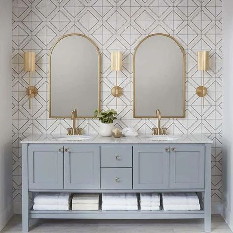 Blue - Architessa Jeffrey Court, White Marble Tiles, Chapter 16, Girls Bathroom, Bathroom Trends, Bathroom Redo, Bathroom Inspo, Family Bathroom, Kids Bathroom