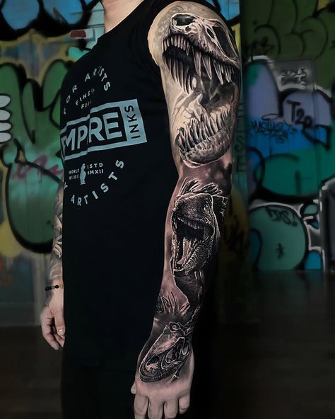 Dinosaur sleeve by Michael Perry, an artist at L.O.V.E.machine in NYC. Dinosaur Tattoo Sleeve, Rex Tattoo, Jurassic Park Tattoo, T Rex Tattoo, Dinosaur Tattoo, Dinosaur Tattoos, Best Tattoo Designs, Tattoo Sleeve, All Tattoos