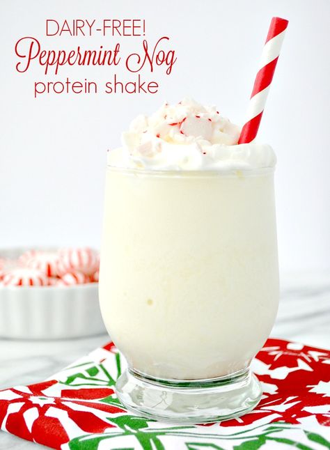 Eggnog Protein Shake, Dairy Free Eggnog, Peppermint Eggnog, Dairy Free Egg Nog, Healthy Milkshake, Dairy Free Protein, The Seasoned Mom, Protein Smoothies, Protein Shake Smoothie