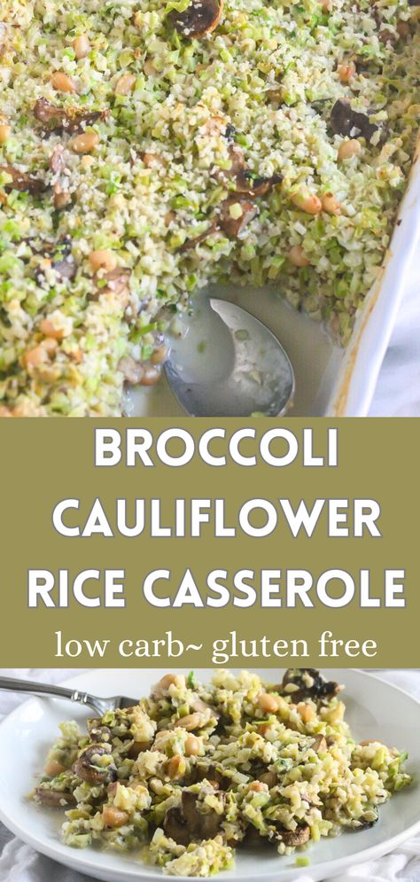 Packed with wonderful flavors and tons of vitamins and minerals, this warm, comforting low carb Broccoli and Cauliflower Rice Casserole is a simple to make, weeknight meal. Go ahead and add some shredded chicken or shrimp if you want to add some protein. Broccoli Cauliflower Rice Casserole, Broccoli And Cauliflower Rice, Broccoli Cauliflower Rice, Low Carb Broccoli, Broccoli Recipes Healthy, Cauliflower Rice Casserole, Gluten Free Recipes For Lunch, Broccoli And Cauliflower, Vegetarian Casserole