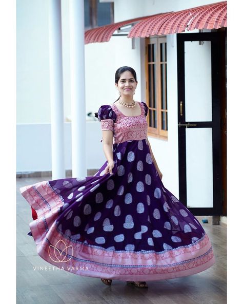 reuse saree, dress from saree, recycle saree Chudithar Model, Ethnic Gowns, Venkatagiri Sarees, Girls Frocks, Shirley Setia, Peacock Embroidery, Frocks And Gowns, Full Gown, Jyotish Astrology