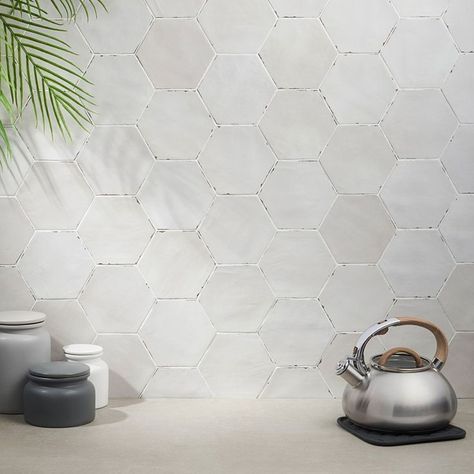 Shop this Pinterest from @TileBar Beige Tile Backsplash, Hexagon Tile Backsplash Kitchen, Hexagon Tile Backsplash, Tile Backsplash Kitchen, Porcelain Hexagon Tile, Octagon Tile, Kitchen Splashback Tiles, Chevron Tile, Cleaning Tile Floors