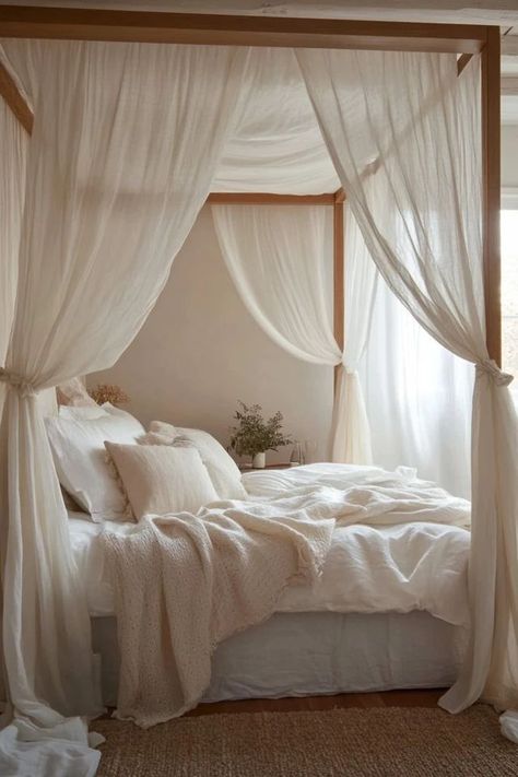 Neutral Canopy Bed, Bed Frames Canopy, Canopy Bed With Bed Skirt, Styling Canopy Bed, Bed Designs With Curtains, White Bed With Canopy, Canopy Bed Minimalist, Bedroom Inspo Canopy Bed, Queen Bed Frame Canopy