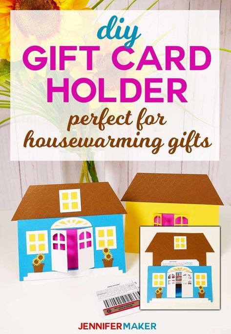 DIY Gift Card Holder is perfect for housewarming gifts and new home owners #cricut #papercrafts #giftcards #handmadegifts Diy Gift Card Holder, Diy Projects For Couples, Gift Card Holder Diy, Jennifer Maker, House Gift Box, House Cards, Coffee Gift Basket, Housewarming Gift Baskets, Cricut Inspiration