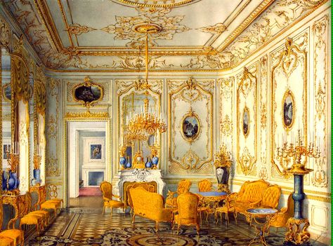 Yellow Drawing Room of the Stroganov Palace in the time of the former home of the Counts Stroganov. Rococo Interior, Historical Interior, Drawing Room Interior, Classical Interior, Neoclassical Interior, Palace Interior, Yellow Room, Interior Vintage, Interior Illustration