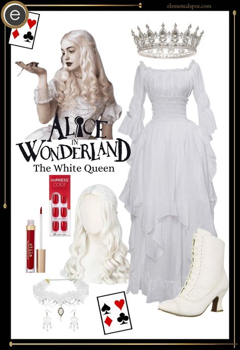 Dress Up Like The White Queen from Alice in Wonderland - Elemental Spot White Queen Outfit Ideas, Alice In Wonderland The White Queen, Diy White Queen Costume Wonderland, Alice In Wonderland Costume White Queen, The White Queen Costumes, Queen Of Hearts And White Queen Costume, Alice And The Wonderland Costumes, Alice From Alice In Wonderland Costume, Costumes With White Dress