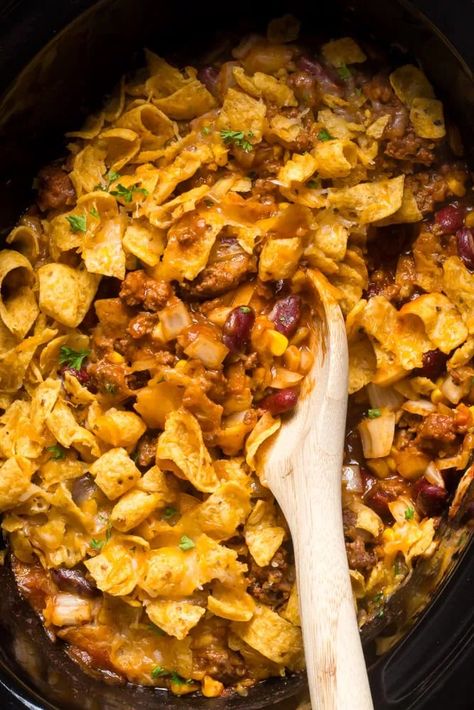 Best Crockpot Frito Pie: Simple & Easy 2 Casseroles With Fritos Corn Chips, Slow Cooker Frito Chili Pie, Fritos Enchilada Crockpot, Fritto Pie Corn Chips, Cowboy Recipes Pioneer Woman, Frito Pie No Beans, Slow Cooker Frito Pie, Crockpot Frito Pie Recipe, Crock Pot Frito Pie