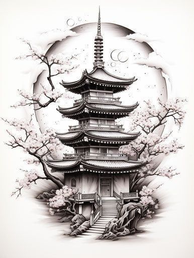 Japanese Tattoo Art Temple, Japan Tree Tattoo, Japanese Pagoda Tattoo, Chinese Temple Art, Japanese Temple Tattoo Design, Tattoo Ideas Zodiac, Art Sleeve Tattoo, Temple Tattoo Design, Tattoo Ideas Skull