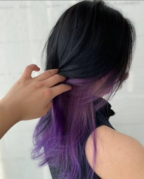 Purple Hair Underneath Black, Purple Streaks In Black Hair, Black Hair With Purple Underneath, Purple Underlights, Purple Underneath Hair, Purple Peekaboo Hair, Hair Color Names, Underdye Hair, Under Hair Color