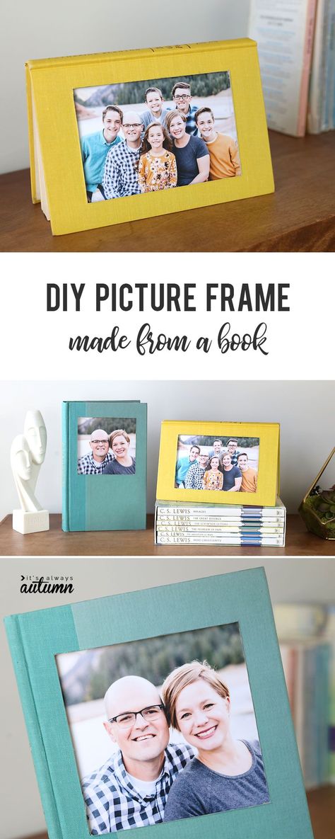 Turn an old book into a cool DIY book picture frame. It doesn't ruin either the book or the photo, and it's easy to swap out photos in seconds! #diypictureframe #bookphotoframe Bookish Furniture, Book Picture Frame, Cool Picture Frames, Crafts To Make And Sell Unique, Craft Room Organization Diy, Crafts Recycled, Photo Crafts, Frame Ornament, Budget Crafts