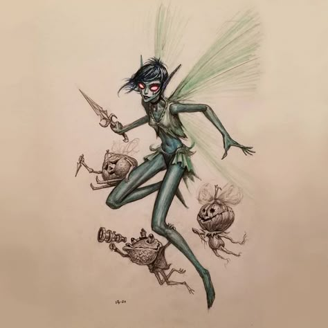 Dark Fairy Concept Art, Dark Fairy Illustration, Pixie Art Faeries, Pixie Drawing Fairy Art, Evil Fairy Drawing, Dark Fairy Drawing, Fairy With A Knife, Dark Fairy Art, Fairy Batman