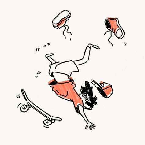 Skateboarding Drawing Reference, Flipping Off Drawing, Skateboard Poses Drawing, Kickflip Drawing, Skater Art Style, Discover Illustration, Skateboarding Drawing, Skateboarding Art, Cute Animation Gif