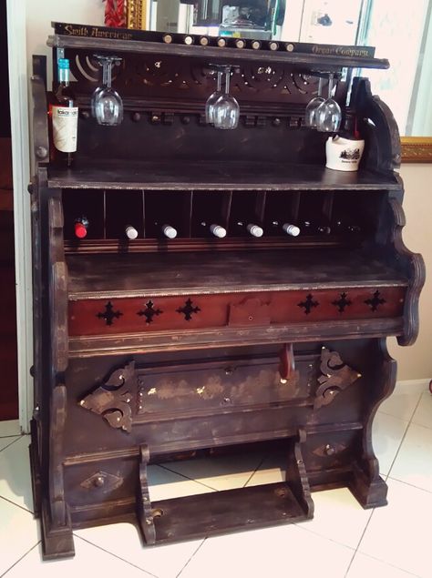 I converted an antique Smith American organ / piano into a bar. Pump Organ Repurpose, Storage Upcycle, Piano Projects, 1900 House, Liquor Bar Cabinet, Repurposed Piano, Upcycle Hacks, Bar Painting, Painting Hardware