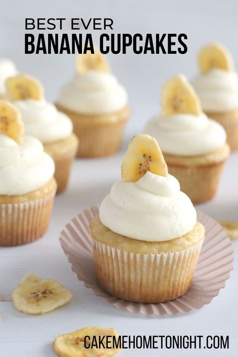 Banana cupcakes with cream cheese frosting are moist and delicious! The banana cupcakes are made with fresh, overripe bananas for great flavor. Sweet and tangy cream cheese frosting is the perfect pairing to these cupcakes. Banana Cupcakes With Cream Cheese, Banana Cream Cupcakes, Banana Bread Cupcakes, Banana Frosting, Banana Cake Recipe Easy, Banana Cupcakes, Cupcakes With Cream Cheese Frosting, Banana Cake Recipe, Cream Cheese Frosting Recipe