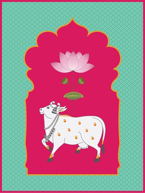 Pichwai Jharokha, Pichhwai Design, Pichwai Paintings Motifs, Jharokha Painting, Pichwai Wallpaper, Pichwai Motifs, Pichwai Cow, Indian Cow, Paintings Nature