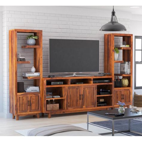 Wooden Tv Unit Design, Tv Unit Set, Entertainment Center With Bookshelves, Slatted Cabinet, Tv Shelving, Media Stands, Room Nook, Wooden Tv Unit, Rustic Transitional