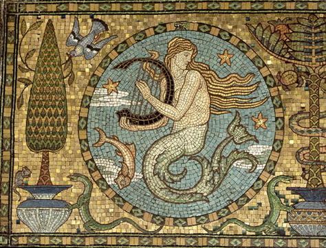 www.kunstkopie.de. Walter Crane, Gold Mosaic, Mosaic Floor, A Mermaid, Harp, The Gold, Mosaic, Mermaid, Fish