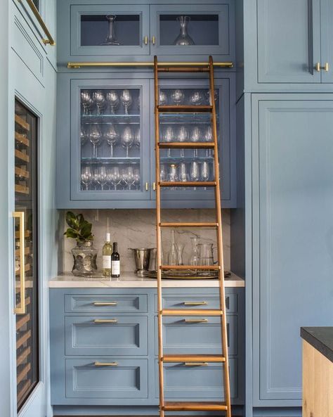 Multifunctional Room, Library Ladder, Home Bar Design, Kitchen Addition, Blue Kitchen Cabinets, Built In Bar, Blue Cabinets, Blue Kitchens, Table Bar