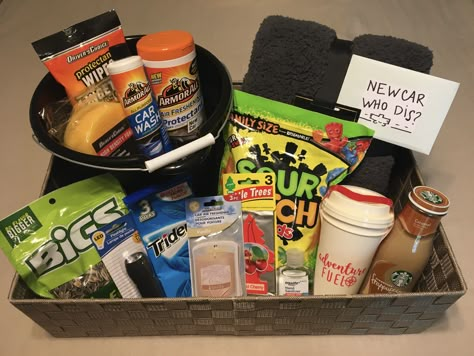 Sweet 16 Car Gift Basket, Car Gift Basket For Men, Car Presents For Boyfriend, Cute Gifts For Car Guys, Car Boy Gifts, Boyfriend Goodie Basket, Car Themed Gift Basket, New Driver Gifts Boys, Roadtrip Basket Gift Ideas