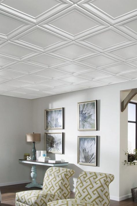 Ceiling Groove Pattern, Ceiling Panels Ideas, Modern Coffered Ceiling, Ceiling Molding Ideas, Ceiling Panelling, Plastic Ceiling Panels, Embossed Ceiling, Embossed Ceiling Tiles, Ceiling Makeover