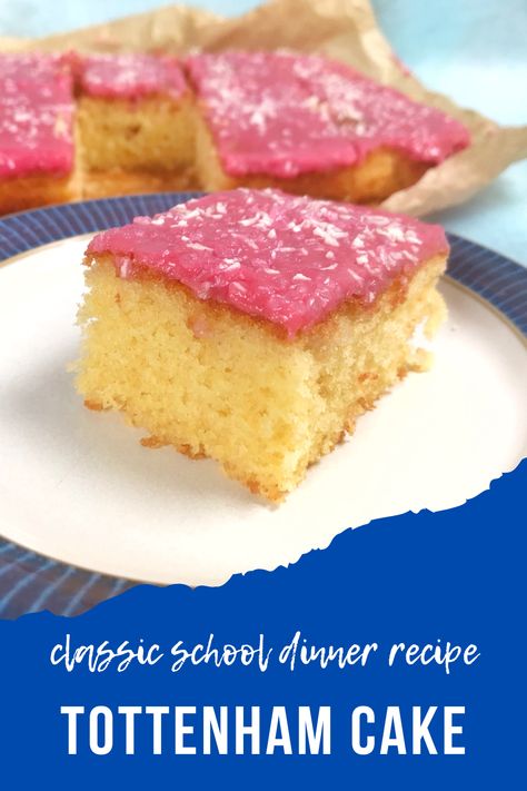 Tottenham Cake Recipe, Tiffin Cake, Cake Traybake, Tottenham Cake, School Dinner Recipes, School Dinner, School Dinners, Potluck Party, Pink Icing