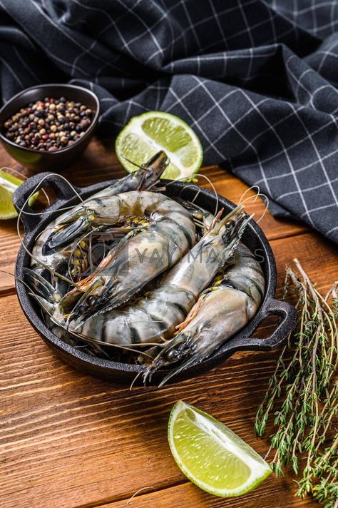 Tiger Prawns, Tiger Shrimp, Prawn Shrimp, Spices And Herbs, Wooden Background, Top View, Herbs, Illustrations, Black