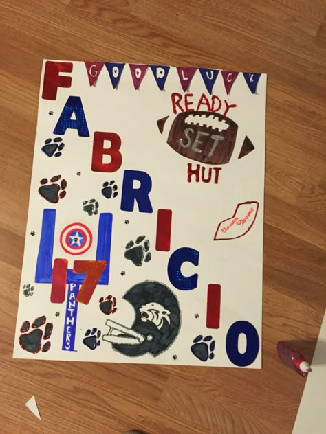 Football Poster for him ! Football Number Poster Ideas, Flag Football Poster Ideas, Homemade Football Posters, Posters For Football Players, Football Playoff Posters, Homecoming Football Posters For Players, Football Player Poster Ideas, Football Homecoming Posters, Soccer Poster Ideas For Friend