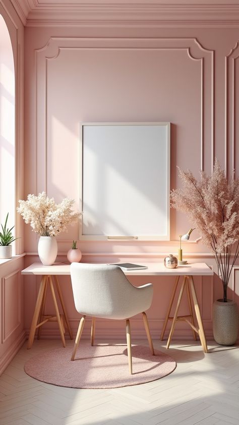 Dreaming of an elegant home office in a small space? Transform your nook into a stylish productivity haven!

Picture a pastel paradise with soft pinks and whites. Use a sleek, wall-mounted desk that doubles as a bookshelf to save space and add sophistication.

🎨 Choose colour schemes like blush, lavender, or gold for a classy touch. Add plush textures or a cozy fur throw for luxury. Extra Small Office Ideas, Pink Home Office Ideas Modern, Light And Bright Office, Pink Accent Wall Office, Girl Office Ideas, Pink Office Space, Pink Home Office Ideas, Office Minimalist Design, Pink Office Aesthetic