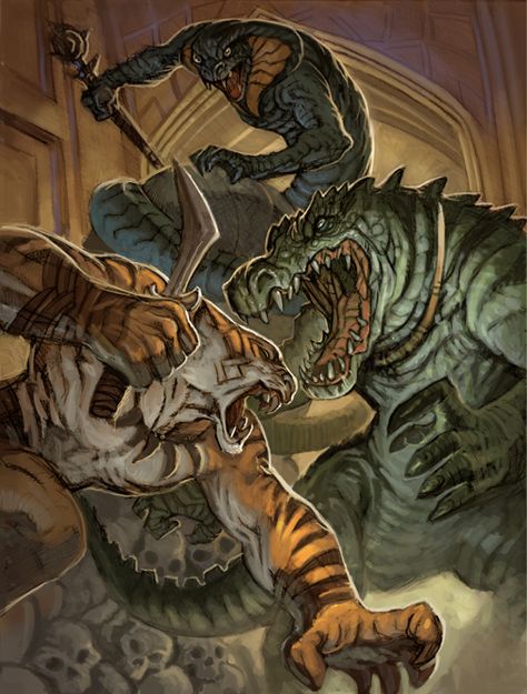 Weretiger V.S Werecroc V.S Weresnake Page Illustration, Humanoid Creatures, Werewolf Art, World Of Darkness, Crazy Stuff, Fantasy Races, Monster Art, World Art, Sci Fi Art