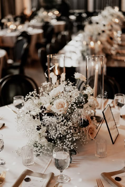 Champagne Centerpiece Wedding, Black And Neutral Wedding Decor, Black White Champagne Wedding Color Schemes, Black Tie Neutral Wedding, Black White Taupe Wedding, Black White Gold Wedding Table Setting, Minimal Aisle Decor, Modern Classic Wedding Aesthetic, Romantic Vintage Wedding Decorations