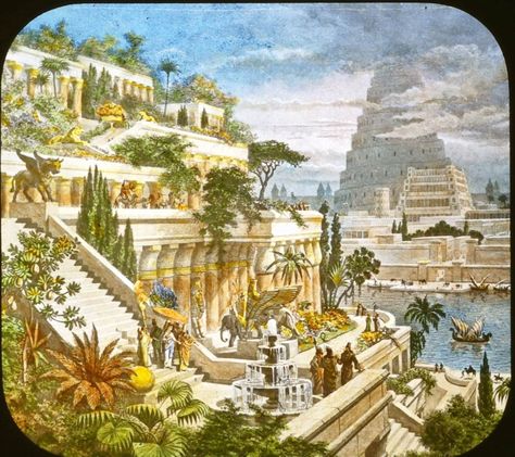 Babylon Art, Hanging Gardens Of Babylon, Ancient Babylon, Gardens Of Babylon, Hanging Gardens, Tower Of Babel, Ancient Mesopotamia, Fantasy City, Seven Wonders