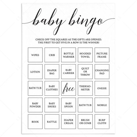 Simple Baby Shower Baby Bingo Black and White Printable Baby Shower Gift Bingo, Free Printable Bingo Cards, Blank Bingo Cards, Animal Baby Shower Games, Baby Shower Party Games, Bingo Set, White Baby Showers, Baby Bingo, Baby Bath Tub