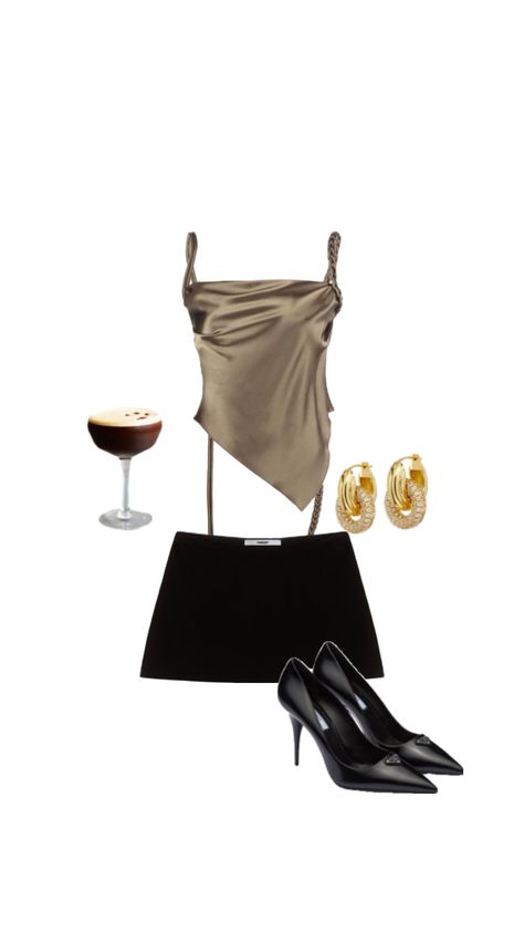 Fashion Magazine Aesthetic, Elegant Date Night Outfit, Silk Top Outfit, Magazine Aesthetic, Black Mini Skirt Outfit, Drinks Outfits, Bar Outfit, Outfit Layout, Party Fits