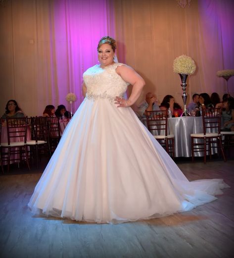 Gabby's Sophisticated and Romantic Wedding Dress - Her ballgown wedding dress featured lace bodice with cap sleeves, beaded accent at the waist and full tulle skirt. Love the super full look? We added a hoop skirt for maximum effect (and a little air conditioning!).  Find your perfect plus size ballgown wedding dress at Strut!  #champagneweddingdress #strutbridal Plus Size Ballgown Wedding, Plus Size Ballgown, Corset Ballgown, Wedding Hoop, Ballgown Wedding Dress, Plus Size Brides, Full Tulle Skirt, Gothic Wedding Dress, Wedding Dress Champagne