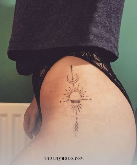 Spiritual Hip Tattoo, Moon And Star Hip Tattoo, Divine Feminine Tattoo On Hip, Sun Moon Hip Tattoo, Chakra Tattoo Sternum, Night Tattoo, Think Tattoo, Small Finger Tattoos, Hip Thigh Tattoos