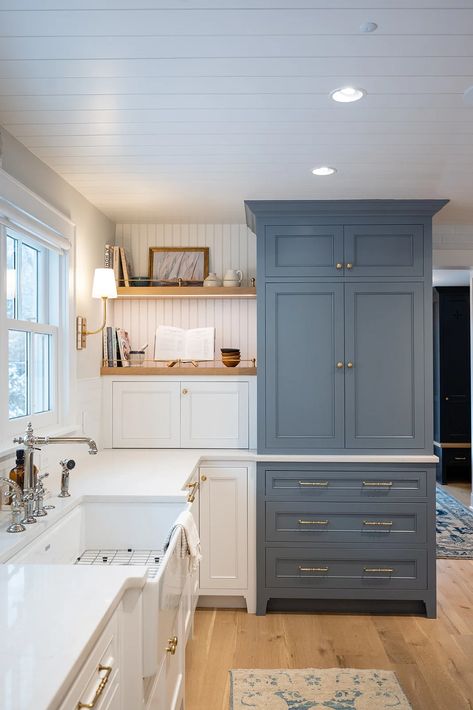 Kitchen Cookbook Shelves, Appliance Garage Corner Cabinet, Corner Appliance Cabinet, Small Appliance Garage, Appliance Garage Cabinet, Corner Appliance Garage, Beadboard Backsplash Kitchen, White Oak Shelves, Board Backsplash