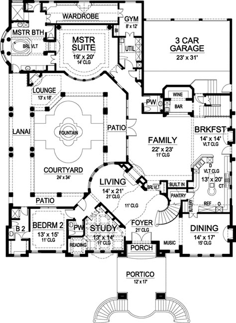 Main Floor Plan: 63-250 Luxury Plan, Courtyard House Plans, Monster House Plans, Monster House, Bedroom Floor Plans, Luxury Bedroom Master, Luxury House Plans, Courtyard House, House Blueprints