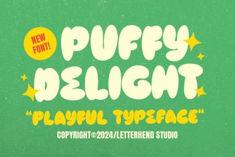 Puffy Delight is a playful bold font with bubble letterforms. Add it to your crafty ideas and you will love the results!... Puffy Font, Bubble Letter Fonts, Font Bubble, Bubble Font, Business Fonts, Cartoon Font, Groovy Font, Display Fonts, Bold Fonts