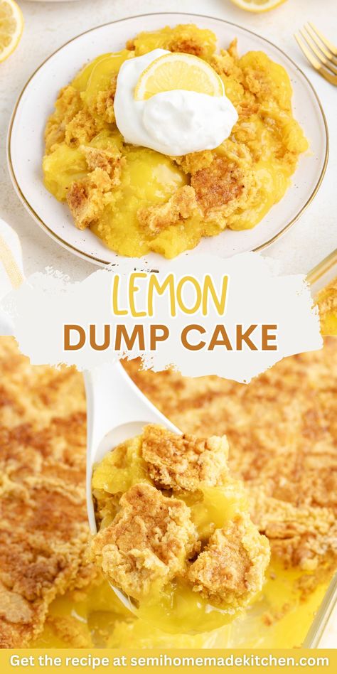 This 3-ingredient lemon dump cake is a quick and easy dessert that brings a burst of citrus flavor with minimal effort. Using lemon pie filling, lemon cake mix, and butter, you'll have a delicious treat in no time. Lemon Dump Cake, Lemon Dump Cake Recipe, Delicious Lemon Desserts, Blueberry Dump Cakes, Moist Lemon Cake, Dump Cake Recipe, Lemon Pie Filling, Pie Filling Recipes, Lemon Cake Mixes