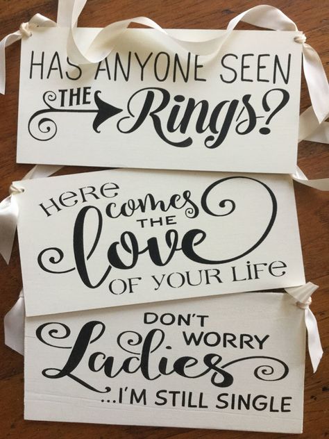 "Hi and Welcome to KerriArt! I am offering this Ring Bearer sign set of 3 ....black lettering on ivory white. Main photo shows ivory white. Photo prop heaven Makes such great pictures. Here comes the love of your life. Don't worry ladies, I'm still single! I'm just here for the Cake! If you Have 3 special little ones To walk down the aisle before the bride, ....Here ya go!  Your wedding guests will love it and they  make memorable keepsakes to display with photos in your home afterwards. Please Ivory Wedding Decorations, Wagon For Wedding, Ring Bearer Sign, Ring Bearer Signs, Flower Girl Signs, Black Wedding Decorations, Wedding Sign Decor, Bride Sign, Read Sign