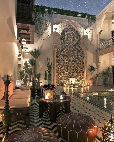 Dekorasi Maroko, Moroccan Courtyard, Moroccan Villa, Moroccan Houses, Moroccan Riad, Moroccan Interior Design, Design Marocain, Moroccan Aesthetic, Moroccan Home Decor