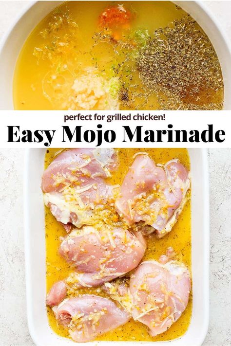 Mojo Marinade Recipe - a bright and flavorful cuban mojo marinade recipe that is perfect with grilled chicken! Easy to make and so good! #mojomarinade #mojomarinaderecipes #mojomarinadechicken #mojomarinadepork #mojomarinaderecipescubanpork Cuban Mojo Marinade, Mojo Sauce Recipe, Grilled Boneless Chicken Breast, Mojo Marinade, Mojo Chicken, Cuban Chicken, Bbq Rub Recipe, Cuban Mojo, Wooden Skillet