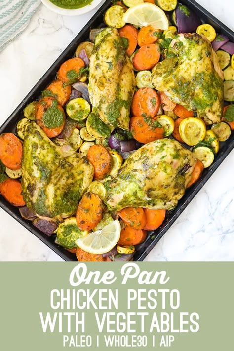 One-Pan Chicken Pesto With Vegetables (Whole30, Paleo, AIP) - Unbound Wellness Pesto With Vegetables, Aip Diet Recipes, Autoimmune Protocol Recipes, Unbound Wellness, Autoimmune Recipes, Autoimmune Paleo Recipes, Aip Paleo Recipes, Chicken Pesto, Paleo Meals